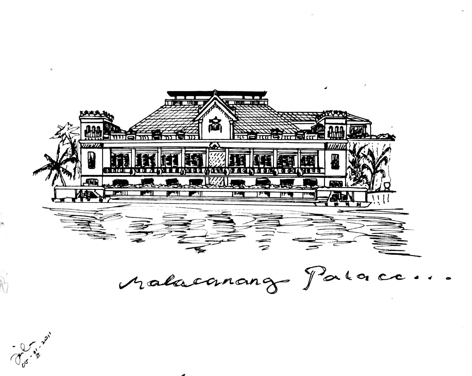 A fast sketch of Philippine's Malacañang Palace with the 20-peso bill as a reference.

May 1, 2011