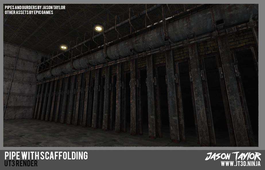 Industrial complex rendered in UT3.  Pipes and scaffolding by Jason Taylor, other assets by Epic Games