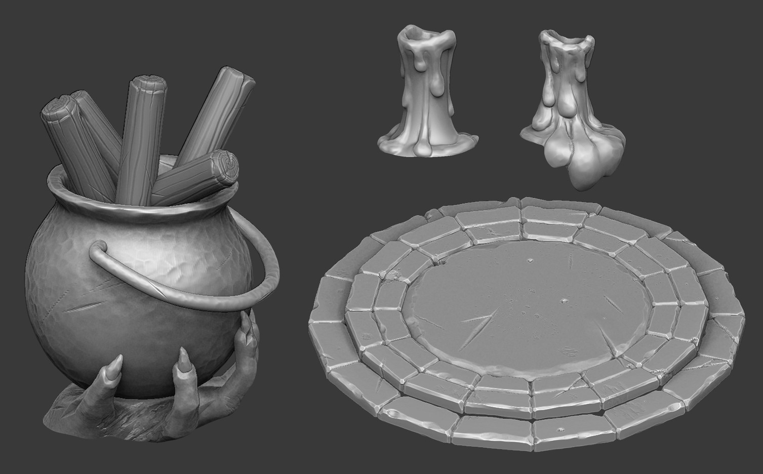 Zbrush sculpts of the props used to build the scene