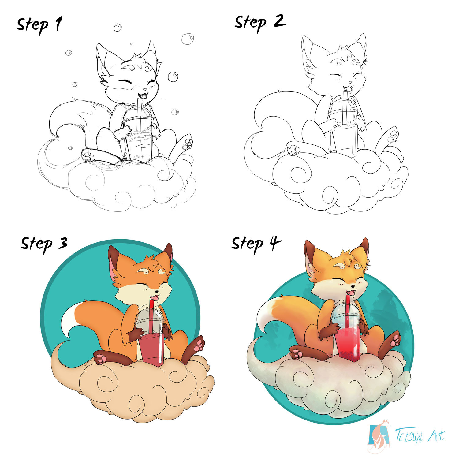 Step 1: Fast Sketch for concepts and idea
Step 2: Clean Line Art process after the sketch
Step 3: Flat Colors before the shading
Step 4: Final render