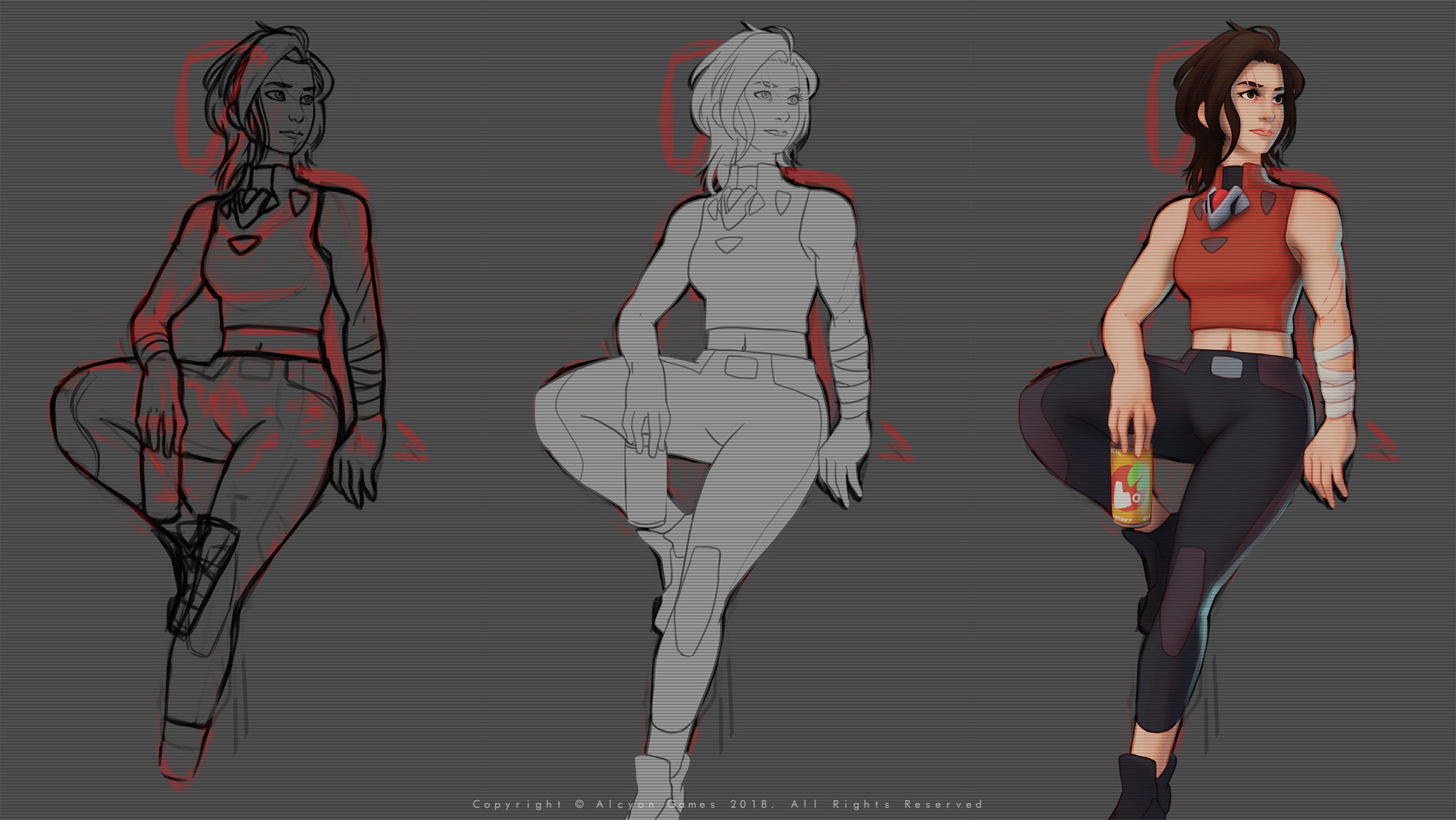 Process:
- Sketch
- Base tone used as mask for every layer.
- Base Color + Shadows + AO + Bounce Light.