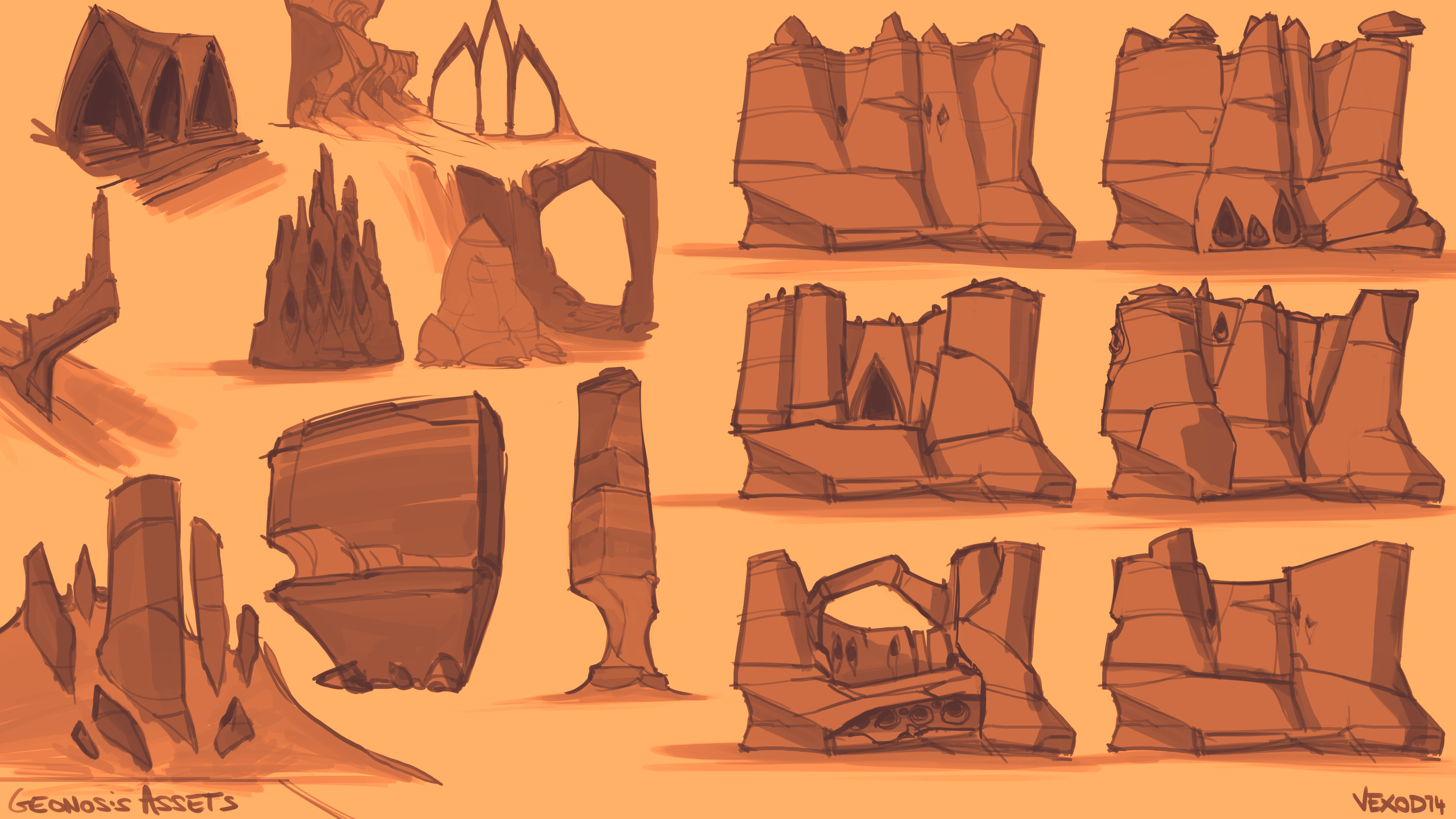 some concepts to imagine how rocks could be shaped and stylized, I always need to draw before modeling  something to "speak" the same language as the object I'm creating/studying