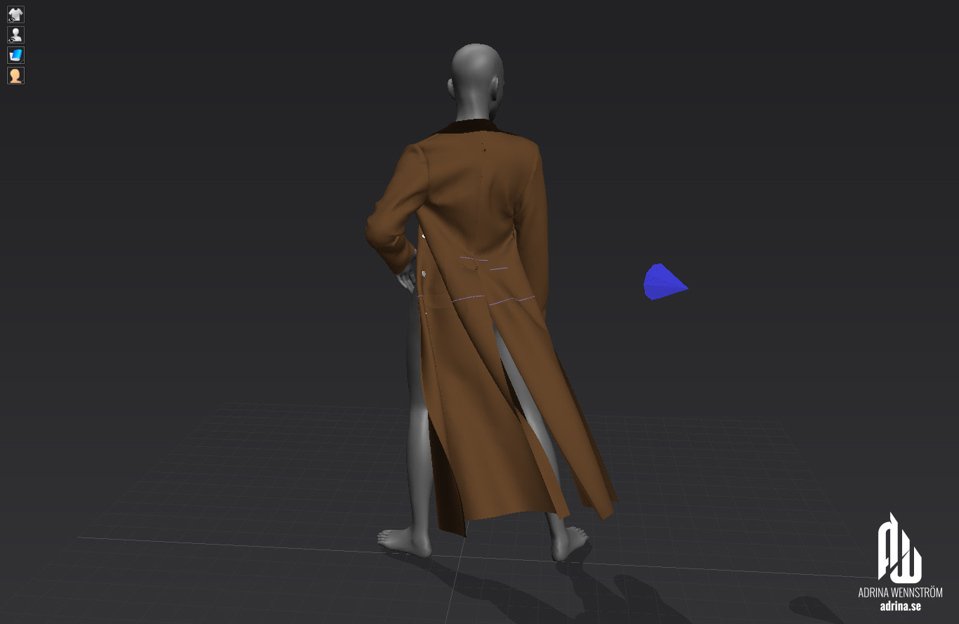 During the simulation of the clothes to its final pose, I added a wind element to bake the coat bellow out from behind.