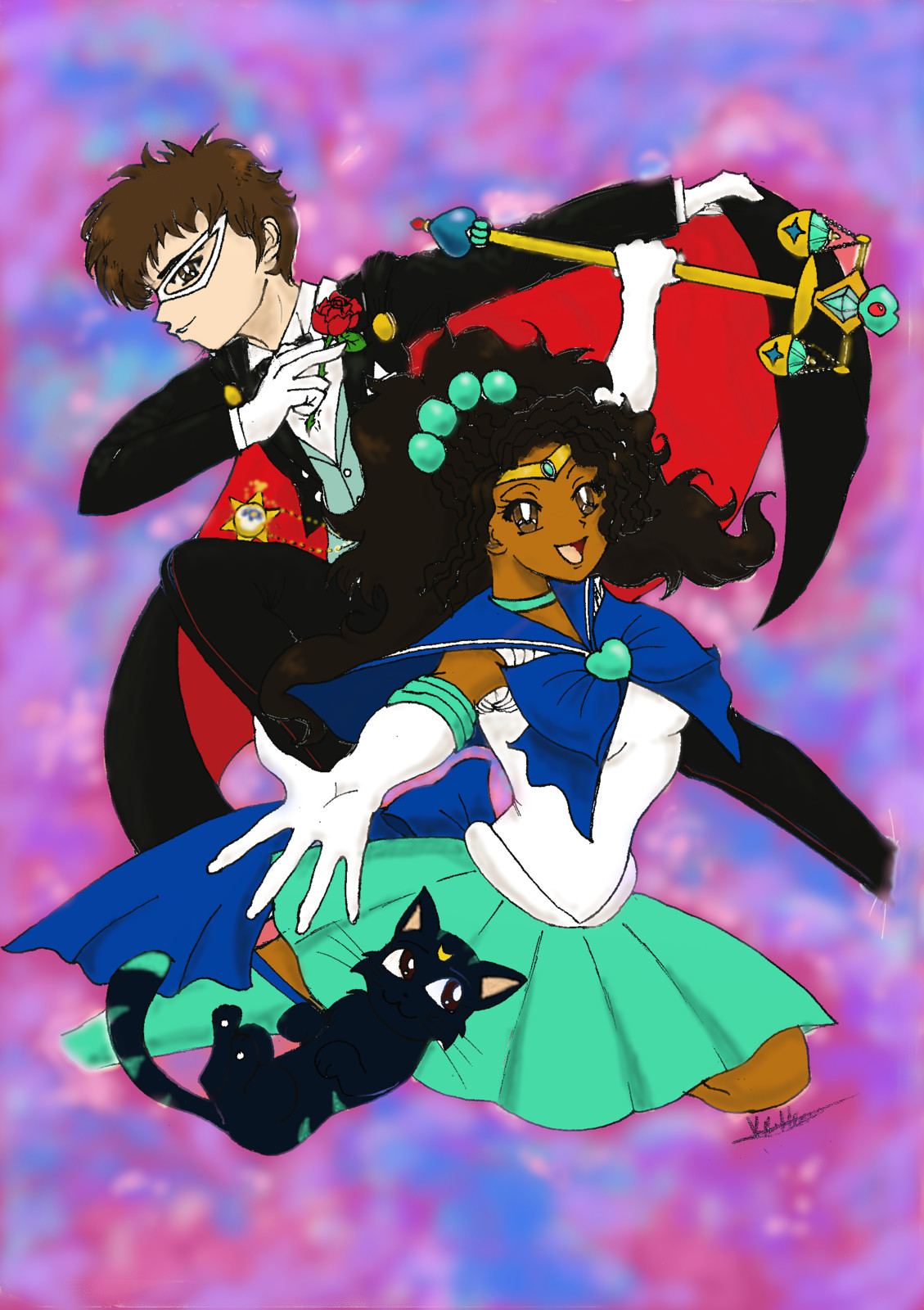 Sailor Libra, Tuxedo Mask II &amp; Tigra- Finished background