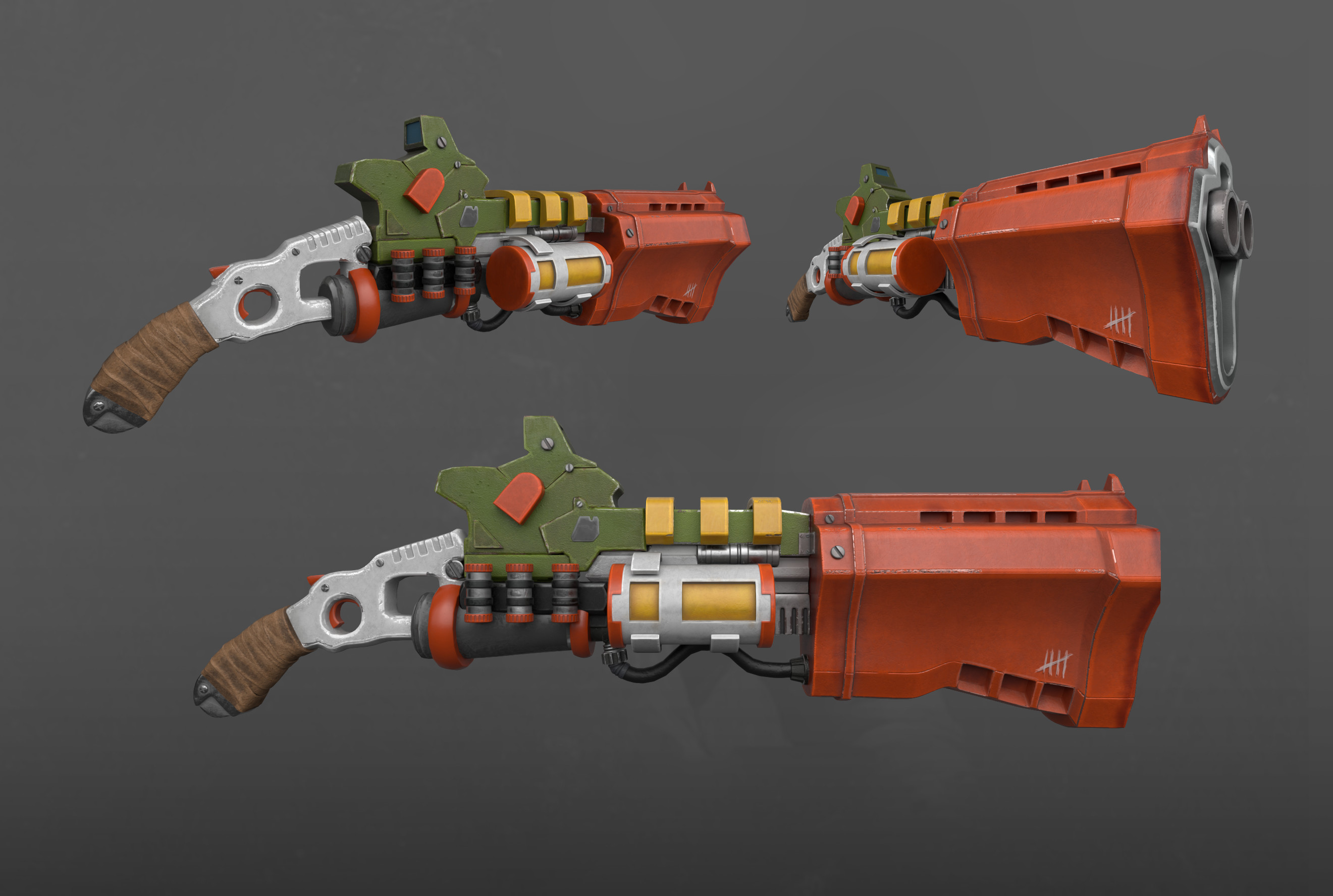 Substance Painter created gun. Loosely inspired by the work of the talented Sergey Vasnev
https://www.artstation.com/artwork/r98KL 