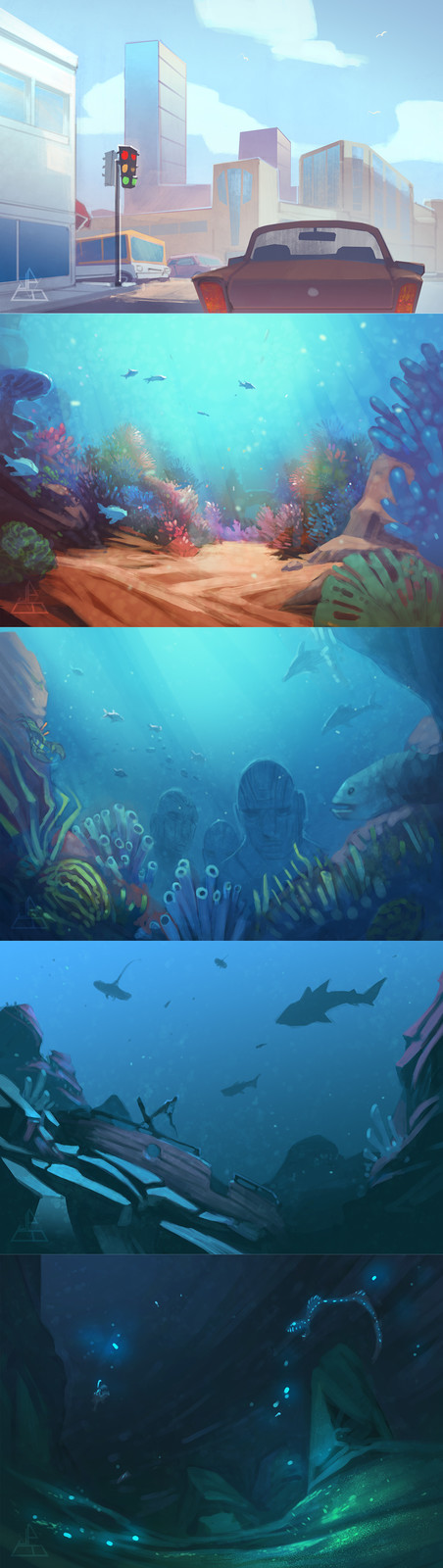 Colour and lighting concepts for surface environment through to ocean floor.
