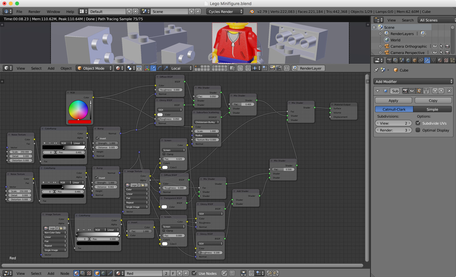 My overly complicated node tree for the torso material. I painted the hoodie texture in Photoshop. :D