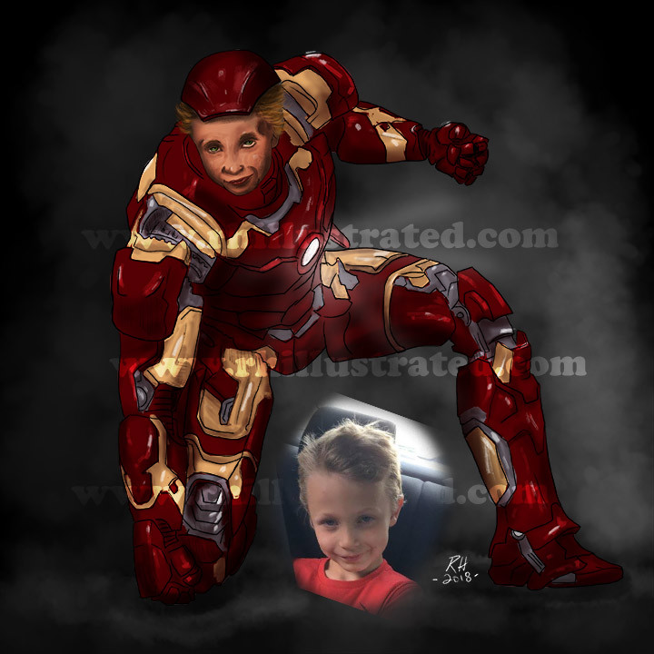 Iron man illustration with boy face illustrated as Ironman.