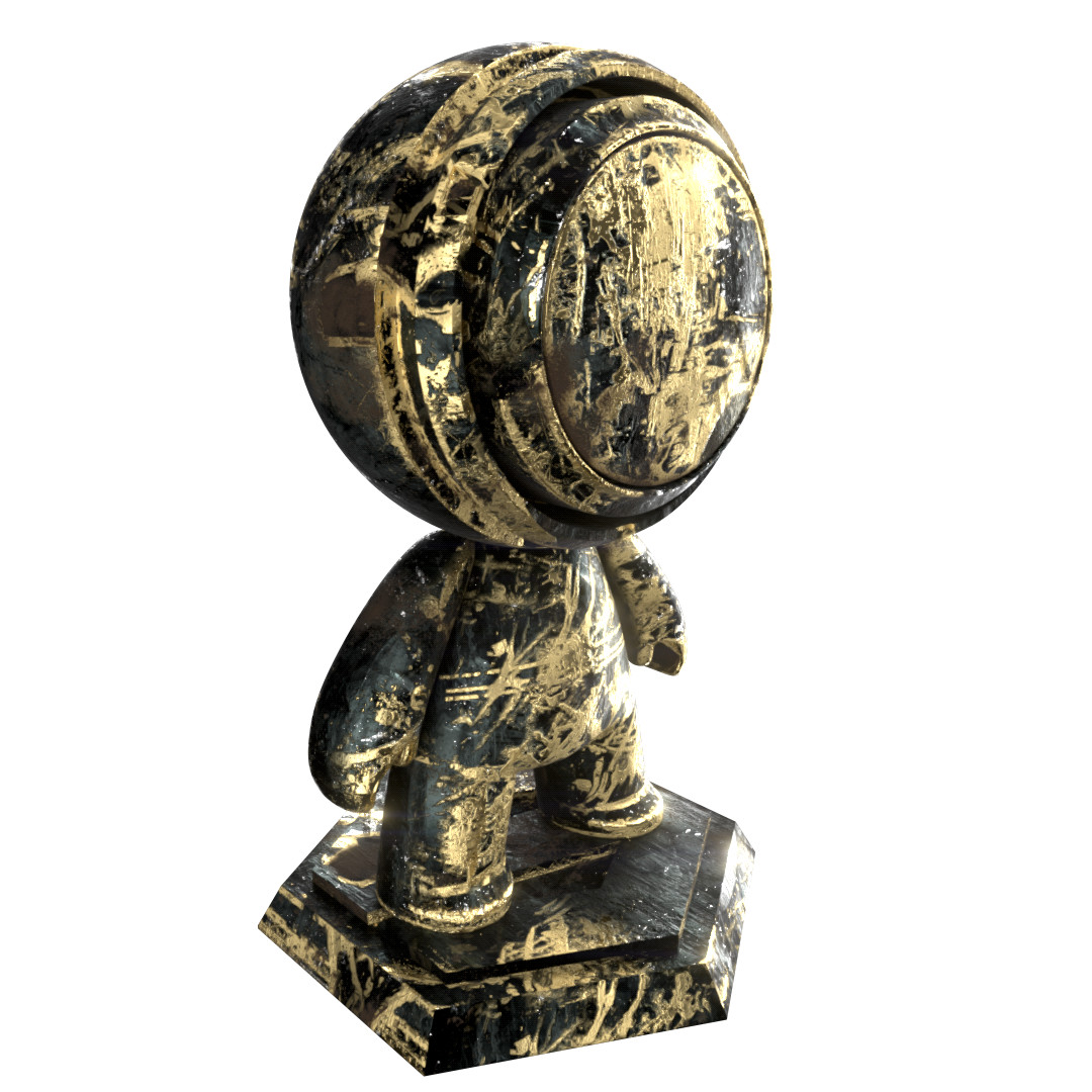 Weathered metal with heavily damaged gilding - The idea is to plug in a few baked maps to scrape away the gold around the edges. Mesh downloaded from Substance Share. Rendered in IRay.