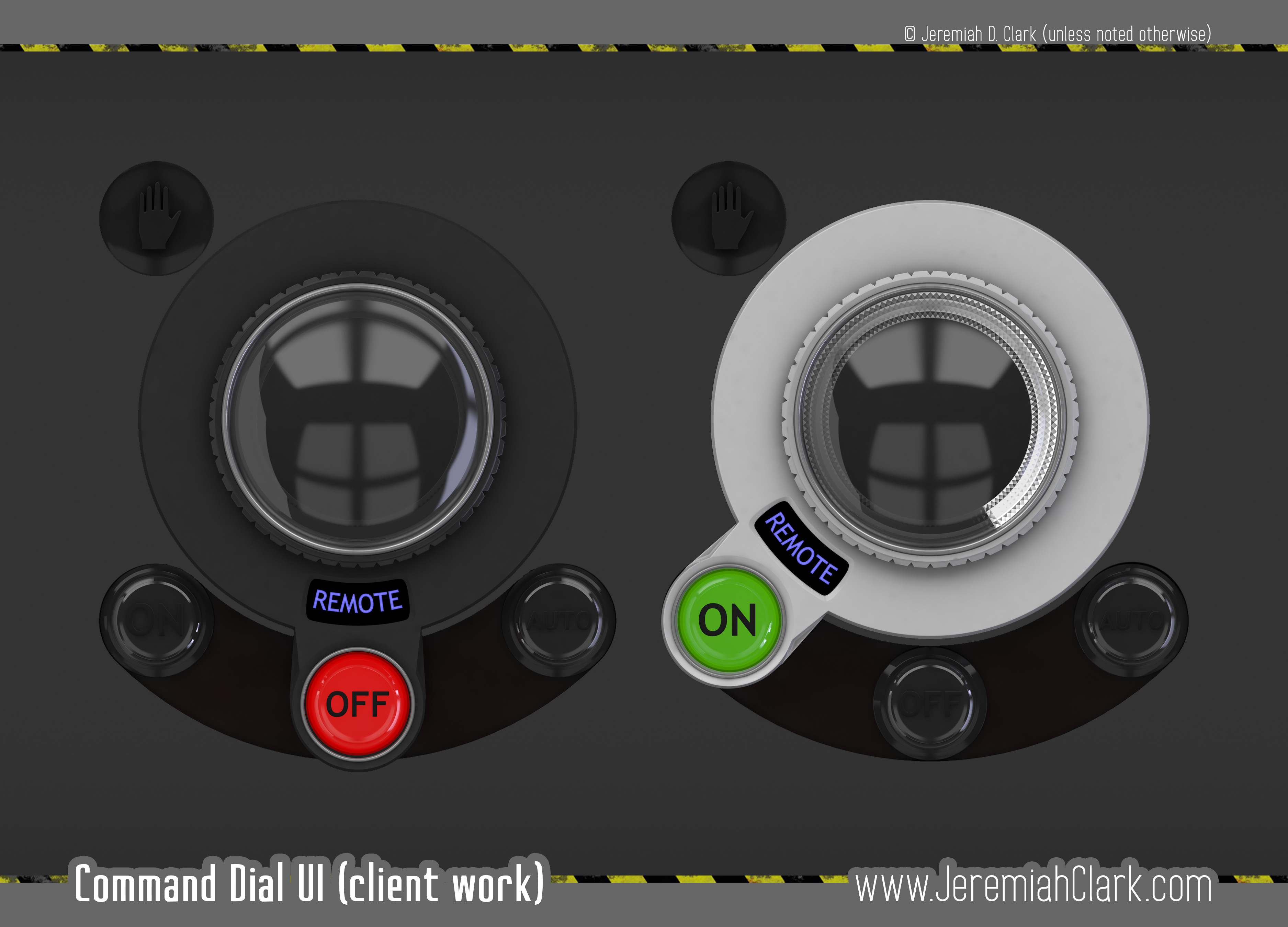 The final version of the command dial (so far). Shown here are the running and stopped states. I'm especially happy with the diamond cut light ring, which took a lot to get just right.
Modeled and textured in 3Ds Max.
Rendered using V-Ray.