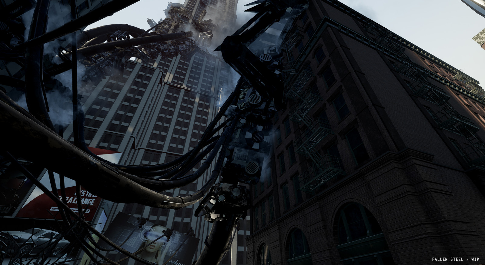 One of the mechas infesting the city, plus several in the background