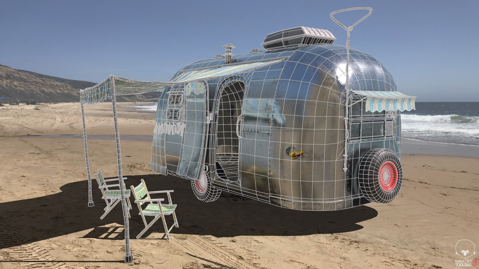 Linen Folding Beach Chair in Camper Scene Wireframe