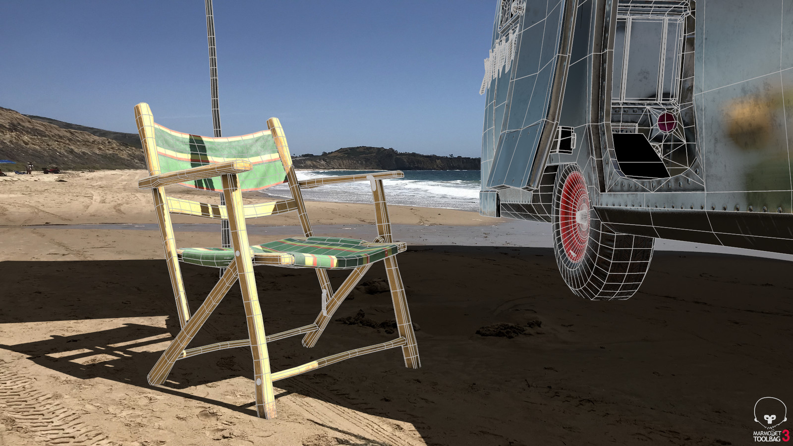Linen Folding Beach Chair in Camper Scene Wireframe