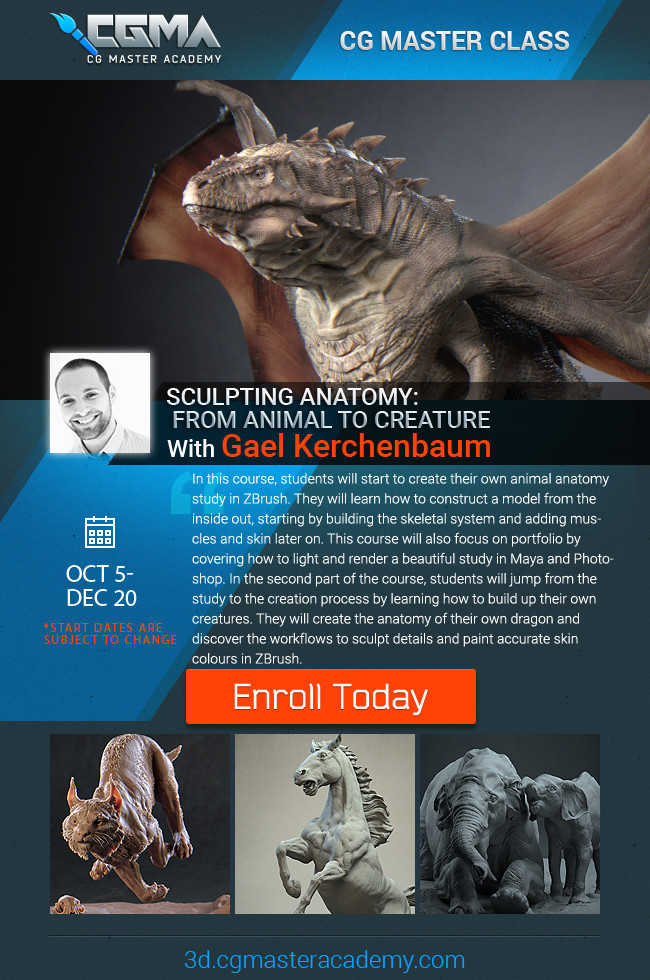 If you want to register yourself for the next classes, follow the link : https://www.cgmasteracademy.com/courses/94-sculpting-anatomy-from-animal-to-creature . The next class will start on October, so do not wait too long before jumping in ! 