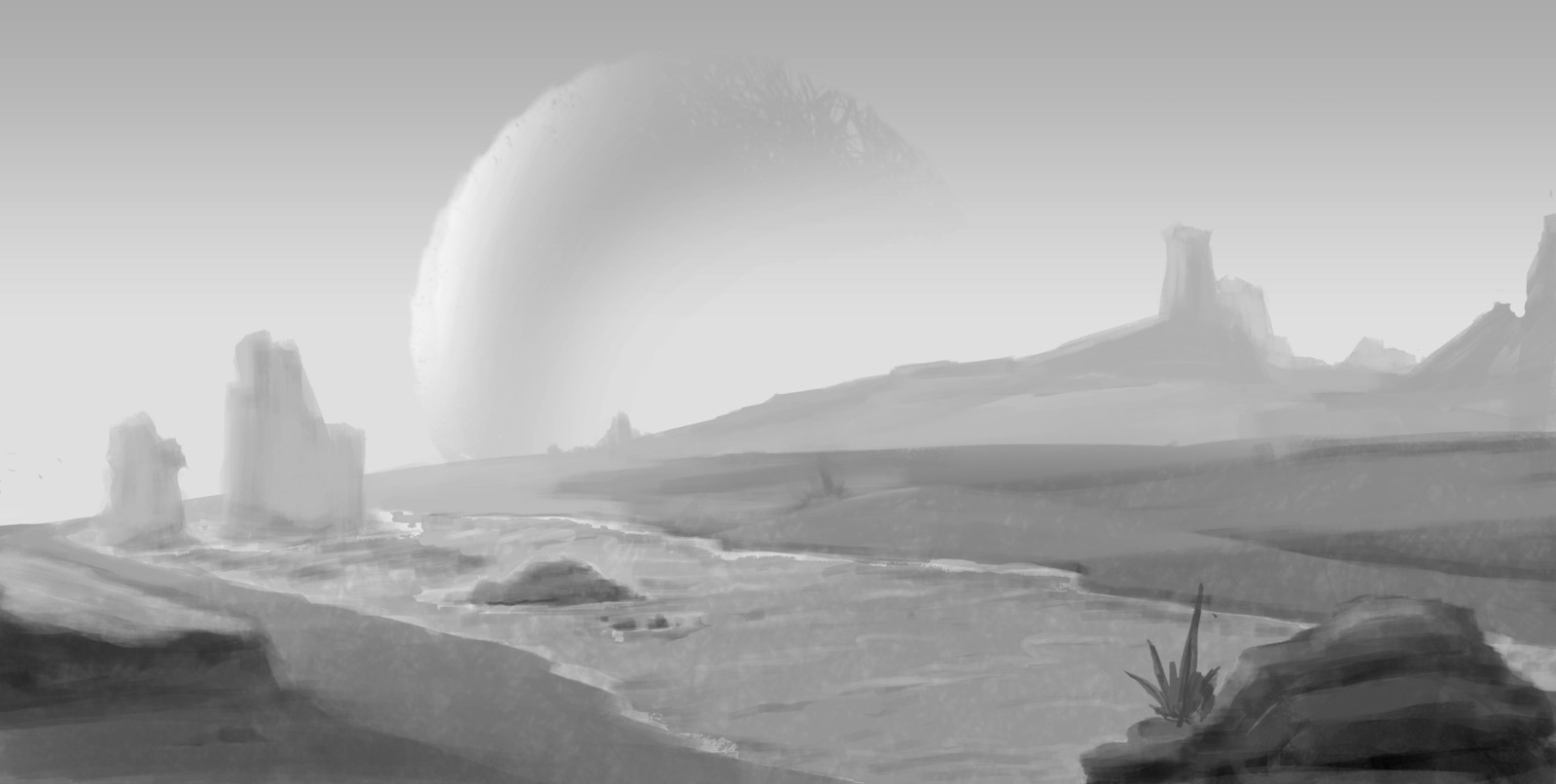 Distant Oasis  -  An imaginative environment value study.   water will flow through the most punishing terrains. 