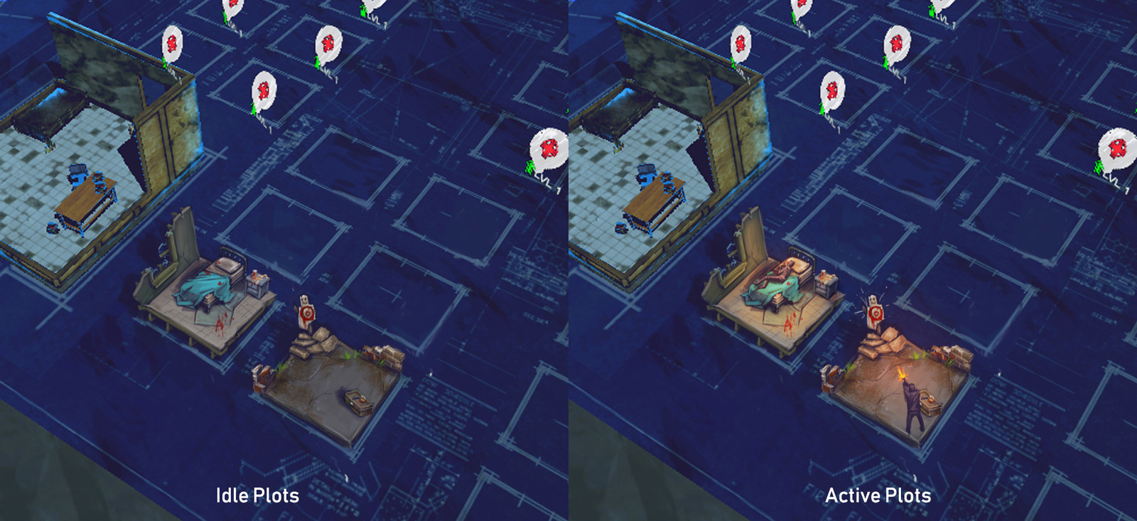 Sketches I made for the "wellness plots".  These were places your survivors could heal or train.