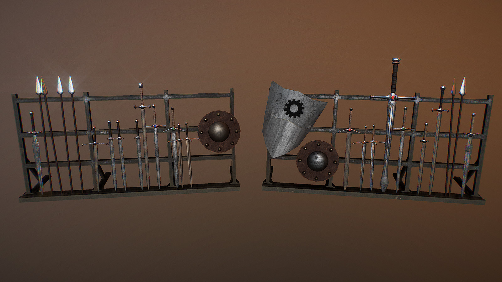 Weapons are stored on racks and picked up once a week by the city guard.