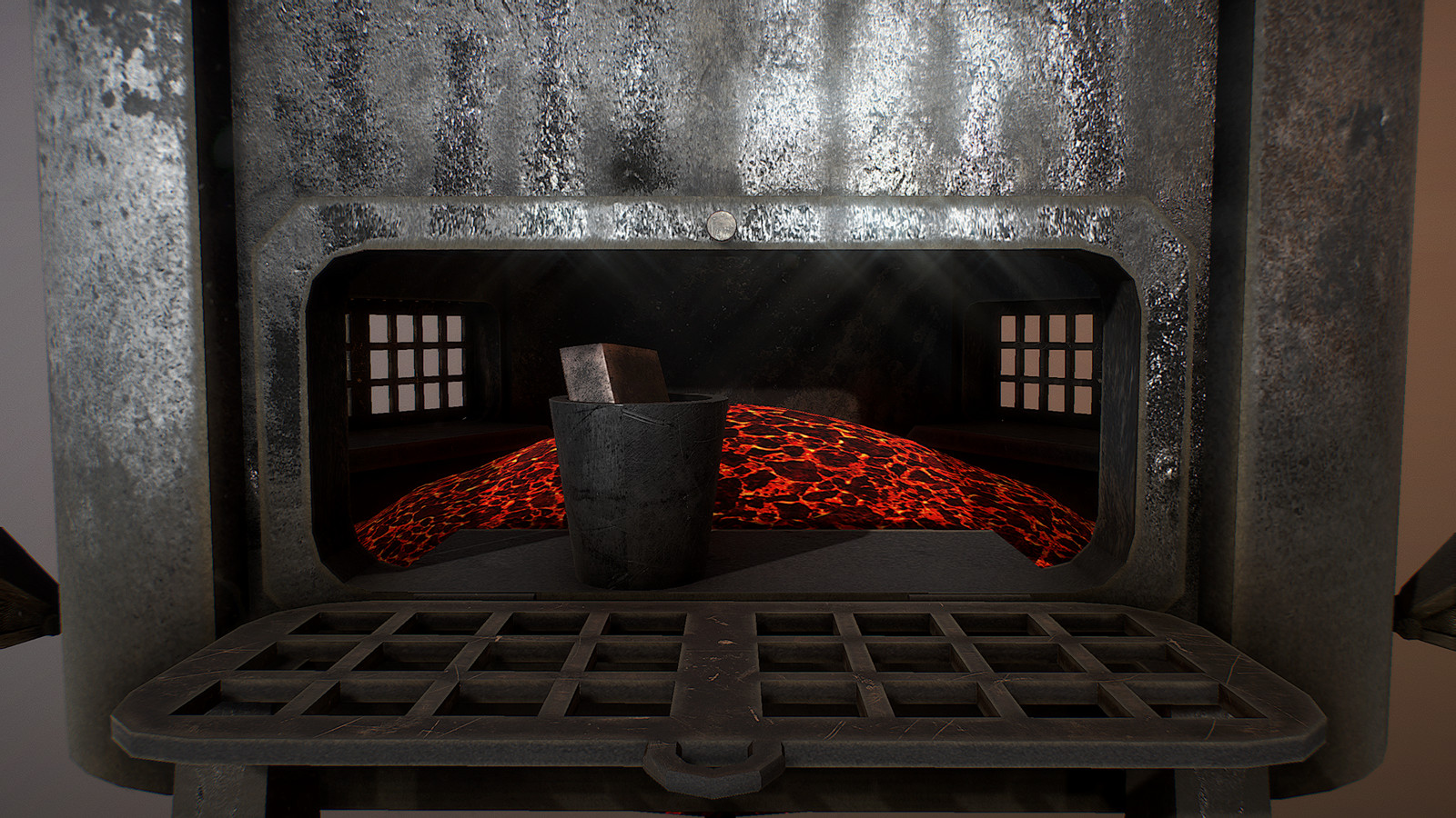 The boiler centerpiece is elevated above a massive furnace, complete with a coal shoot and bellows. 