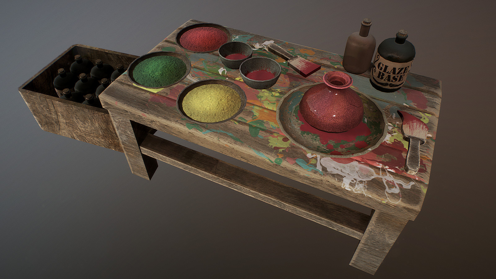 Once pottery is spun on the wheel and dried in the kiln it is glazed and left out to dry.