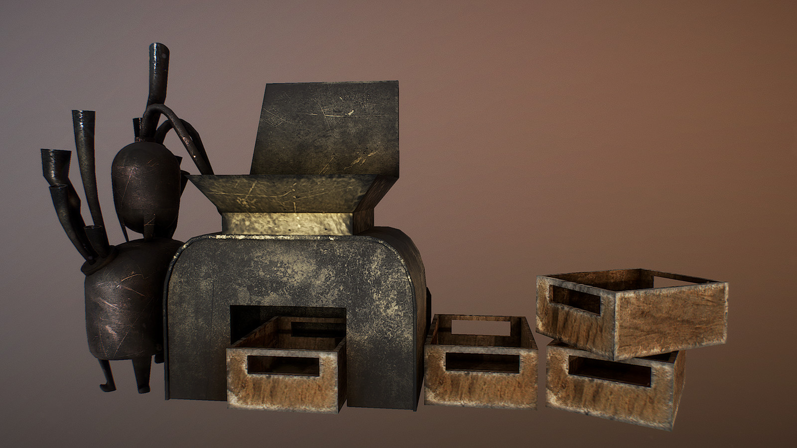 Scrap metal is tossed into the foundry's steam powered grinder, which possesses the scrap into a more agreeable form.
