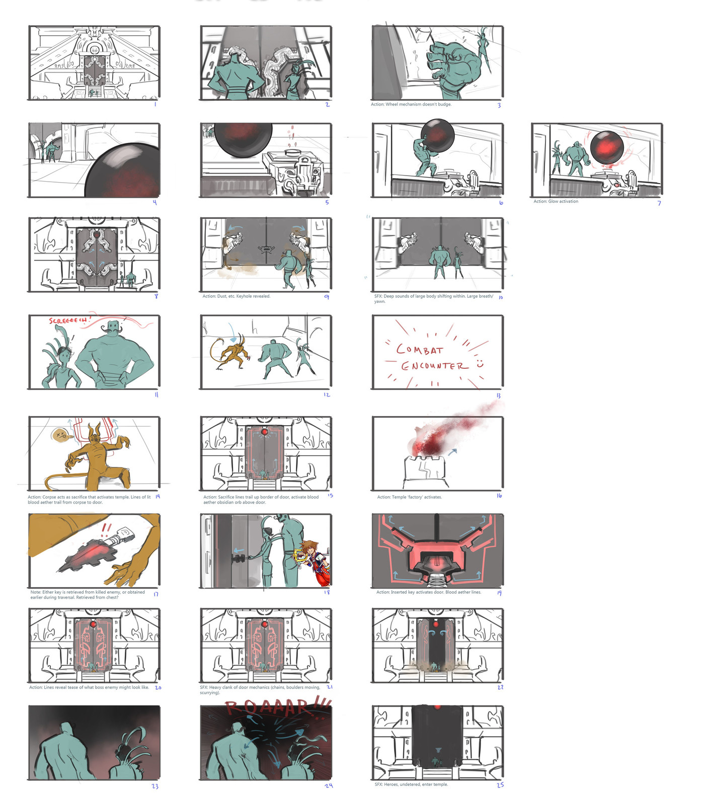 A quick 'n' dirty storyboard for opening a temple door. I overdid it a little with the process and eventually the entire scene was reduced to a quip between characters and simple key insertion. Still a very fun exploration!