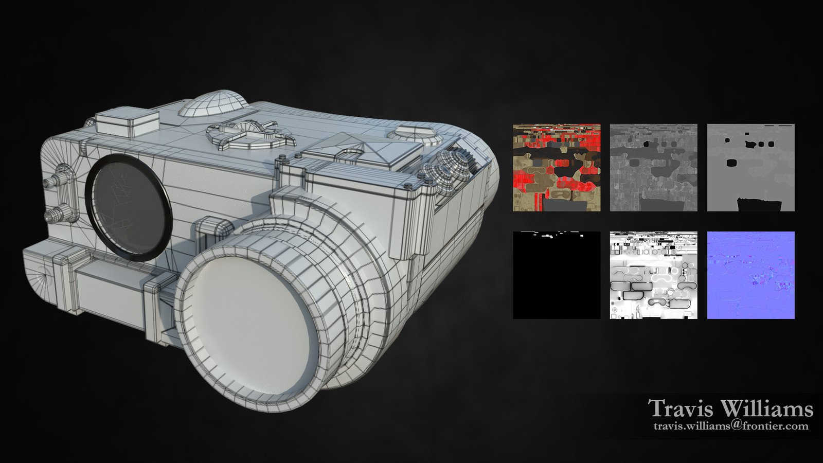 Wanted to show the wireframe as a separate element along side the multiple channels from the base color to the Normal maps.