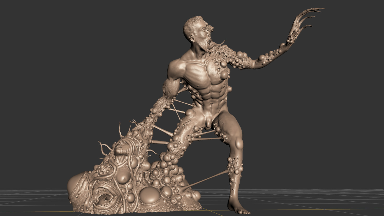 The male victim is in the mid stages of infection and has begun to fuse to a nearby late stage case.