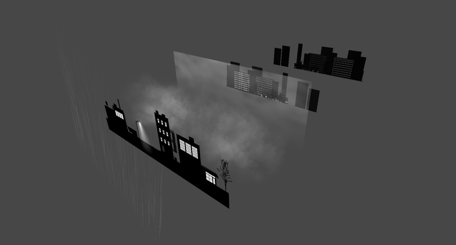 Layers in Unity. Rain, Foreground, Rolling Mist, Clouds, Mid ground, Background.