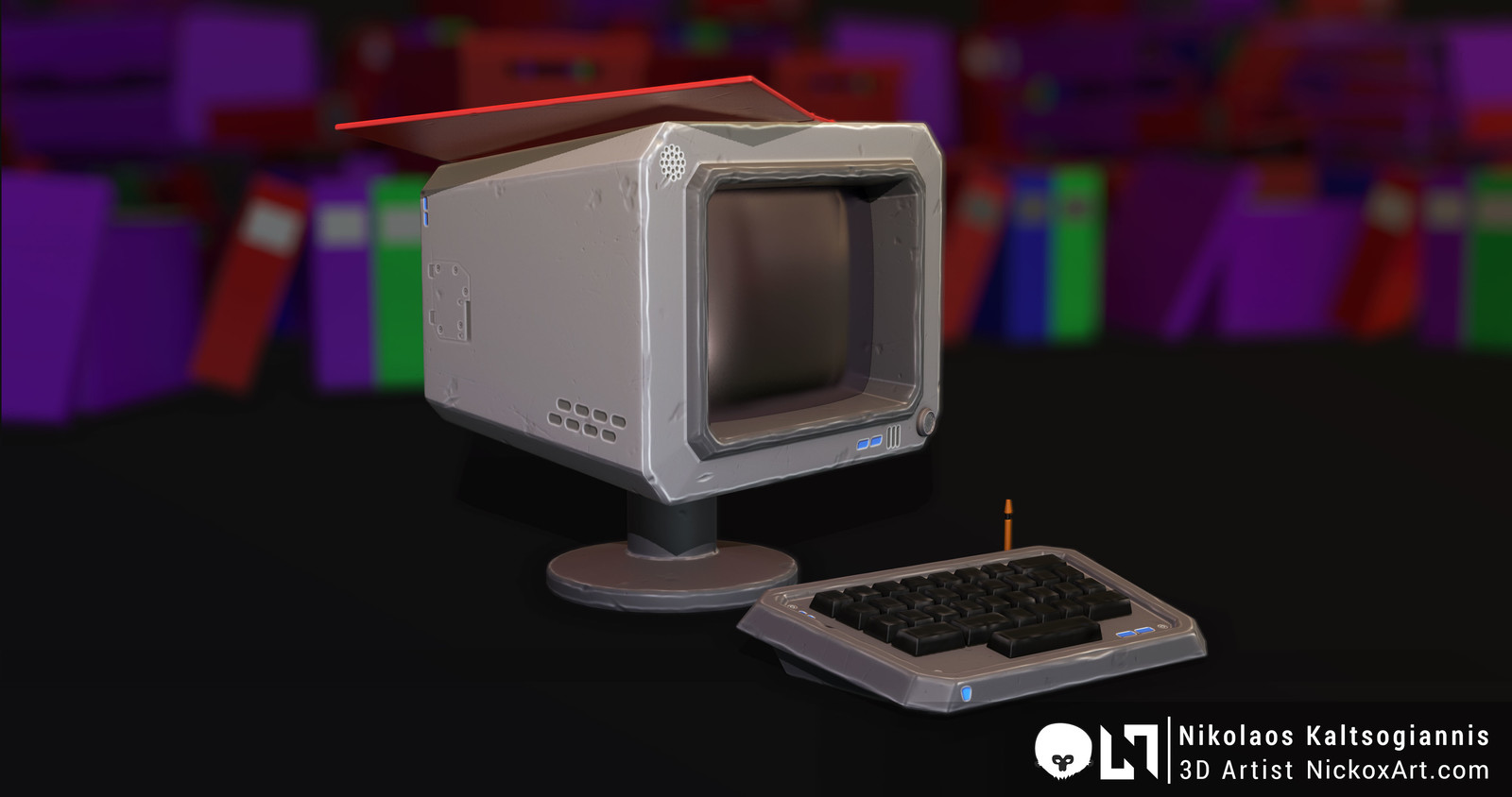 Computer with Keyboard and some Stationary in the background.