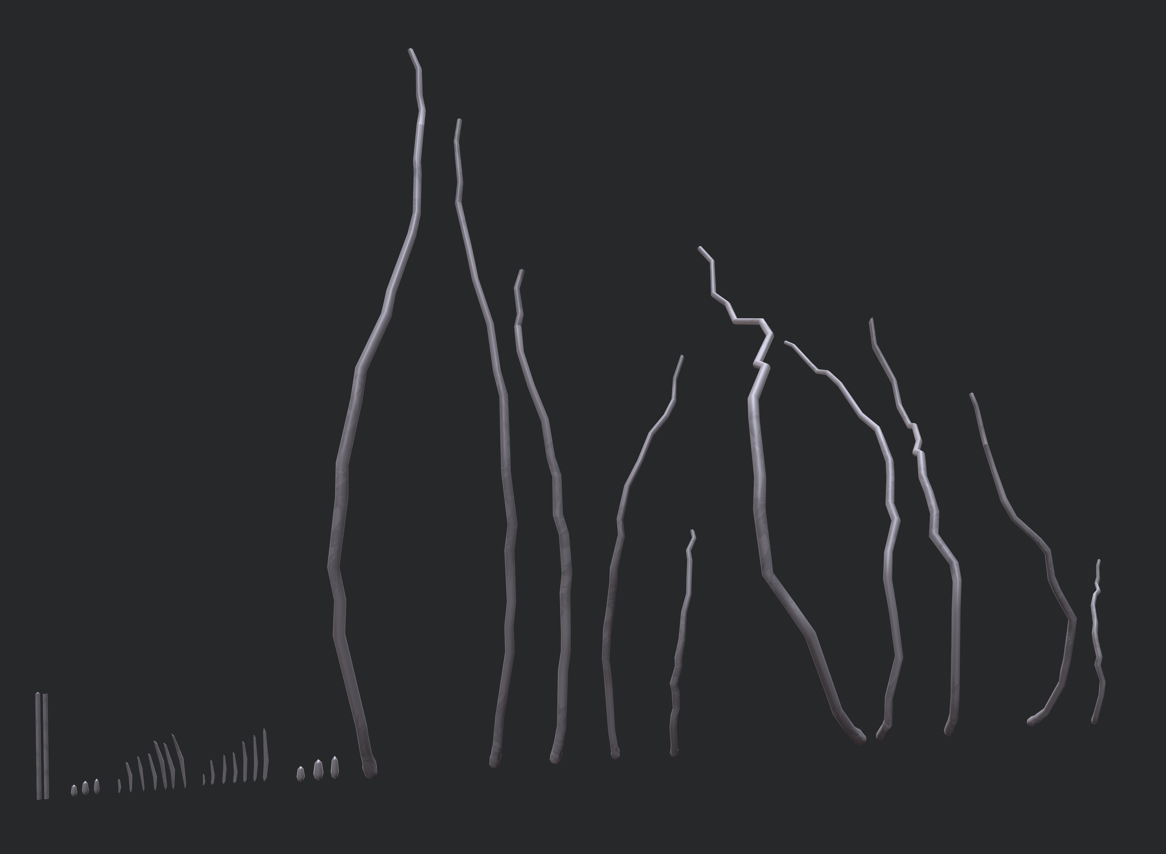 Here are some basic meshes that I used to build the leaves and small branches. I didn't initially plan to have this many needles, but I realized that the ones I applied were too thin at the bottom so I made a new set and combined it with the old one. 