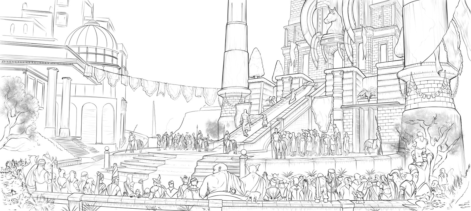 Final Lineart. Taking my time and investing time to every character and building. I knew I was going to paint over it, but a clean lineart to me really helps solidify the world.
