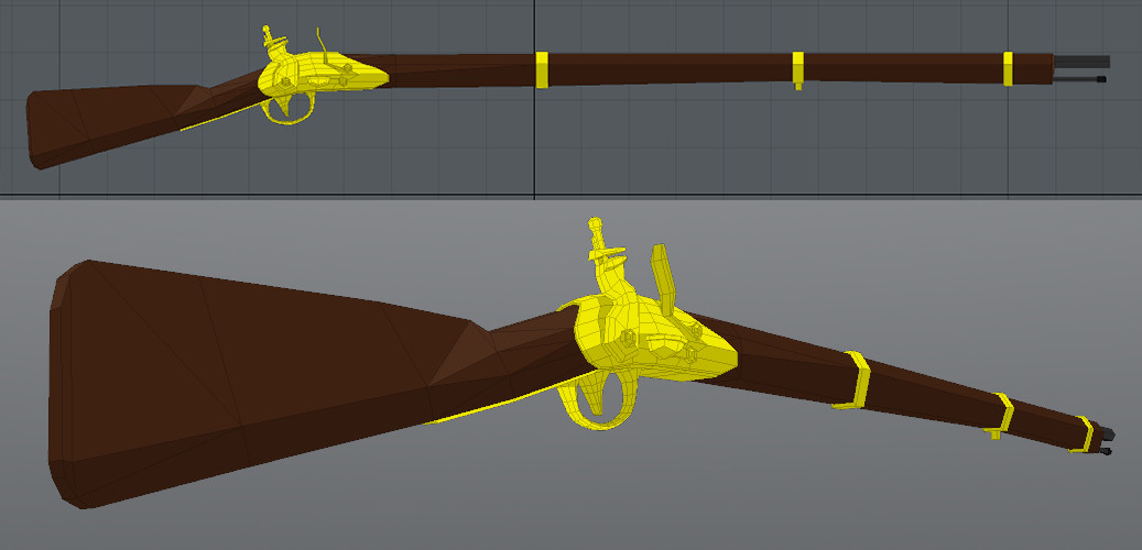 Some screen captures of the musket in Modo, showing the wireframe.

Modeled, UVed, and rendered in Modo