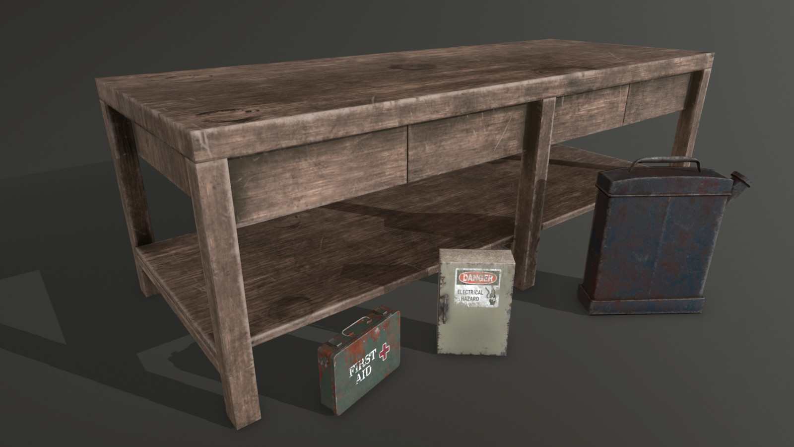 Workbench, med kit, electric box, and gas can in Marmoset