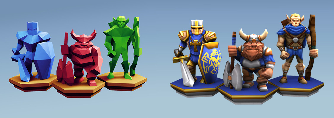 Very low poly with 360 polys for the knight and up to 490 for the dwarf