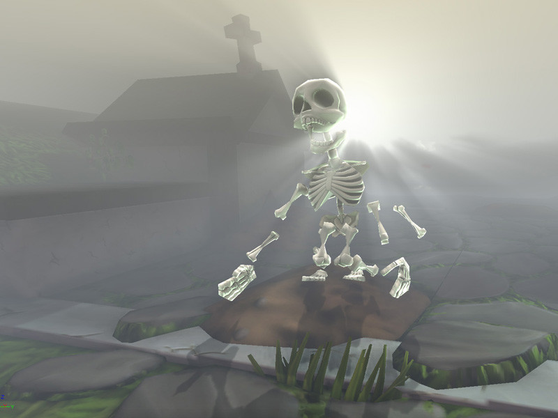 It assembles itself from a pile of bones as the player comes near