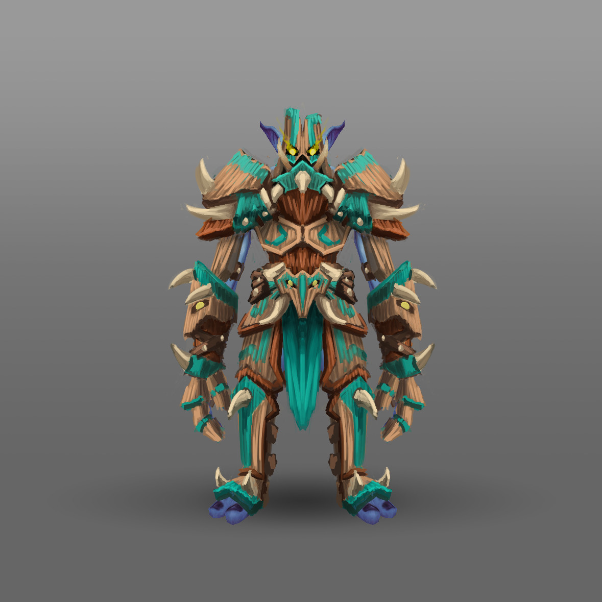 Warrior
For this set I wanted to explore a full set of armor made of wood inspired by the Spiritshield Mask helmet in Zul'aman
