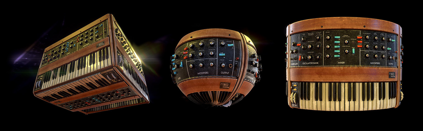 minimoog material on  cube, sphere and cylinder meshes