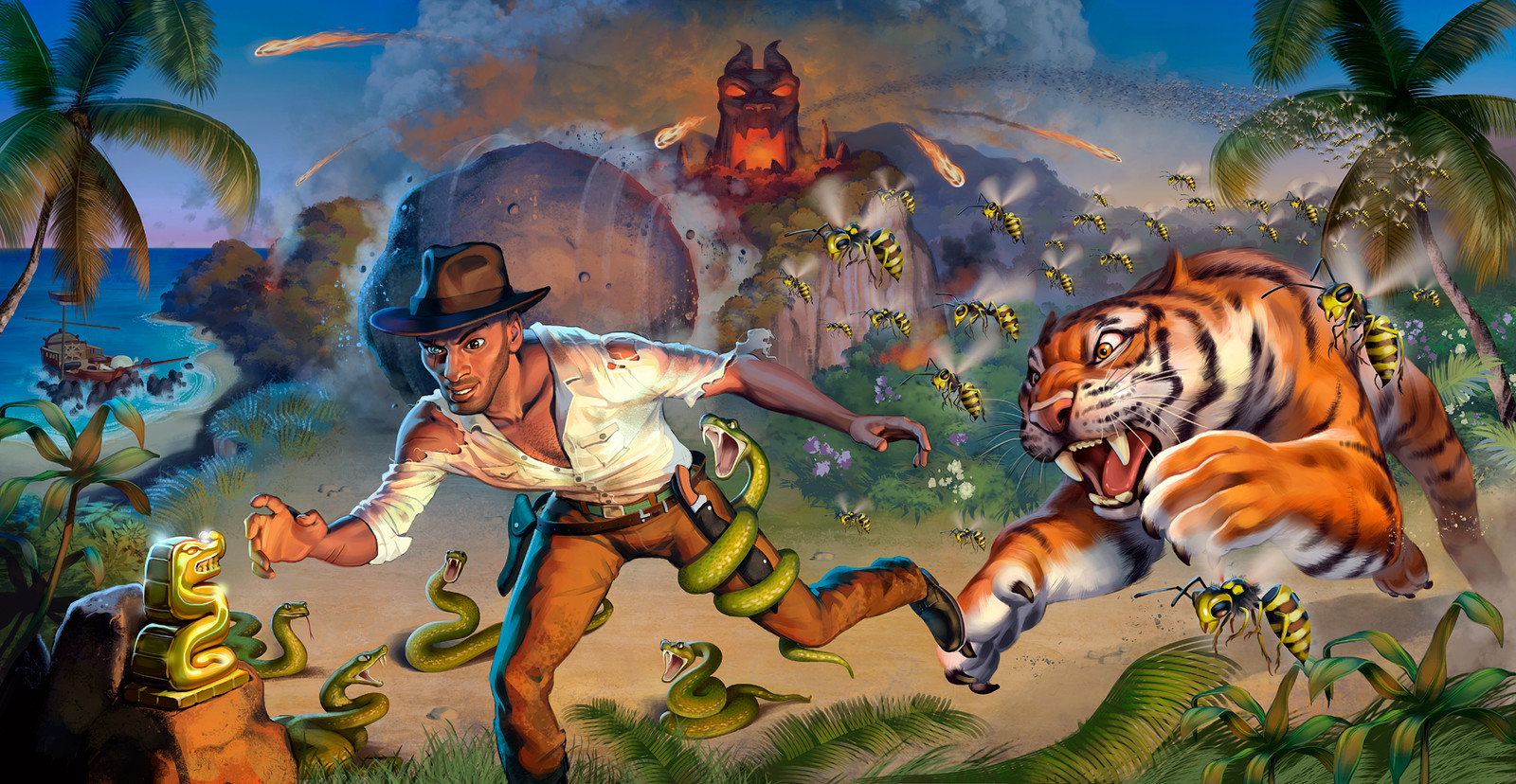 The boxtops for "The Last Adventurer" and "Crouching Tiger, Hidden Bees" were designed in such a way so that they create a larger scene when put next to each other. This is the original, complete illustration.