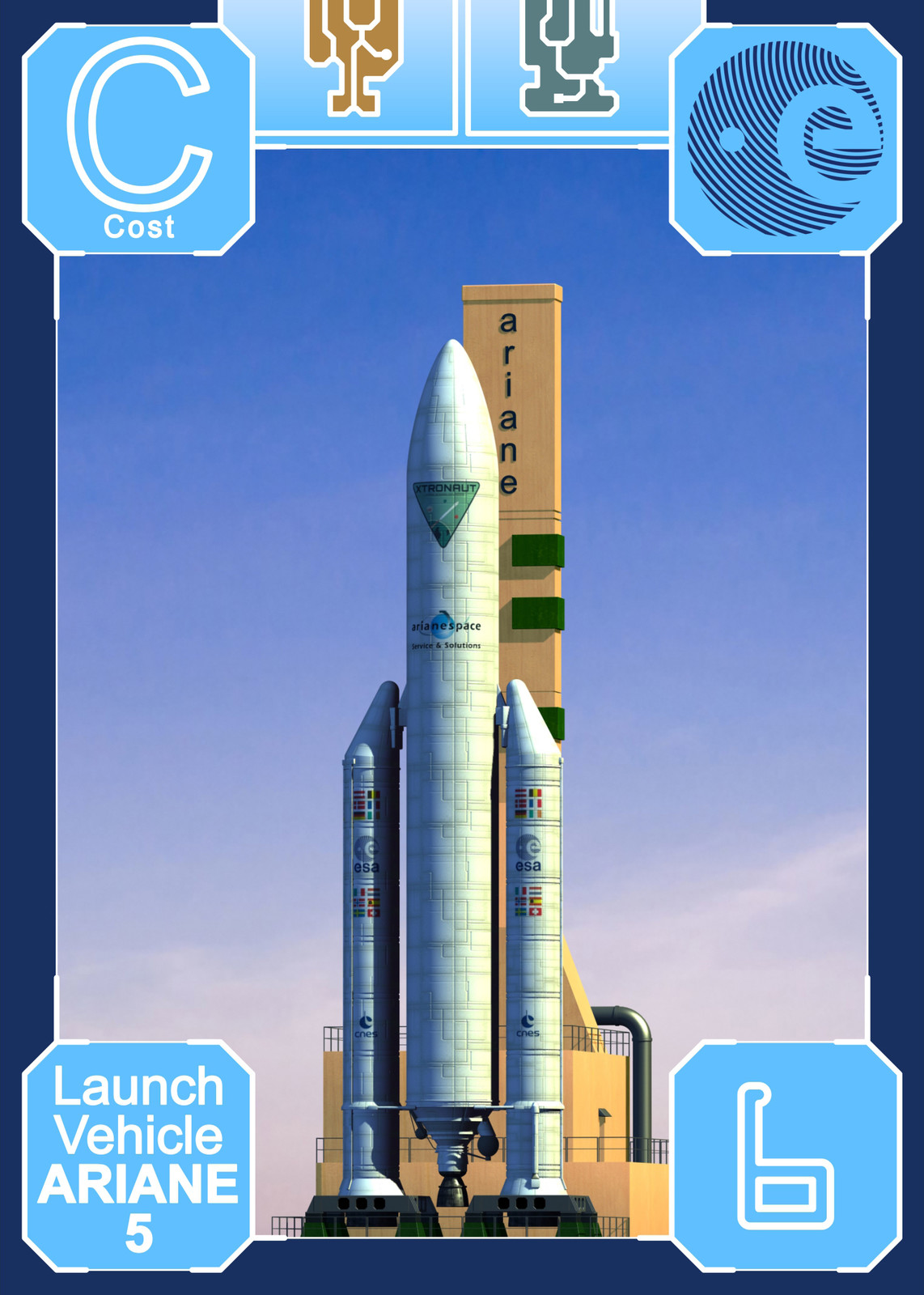 Ariane 5 rocket playing card complete (illustration + graphic design).