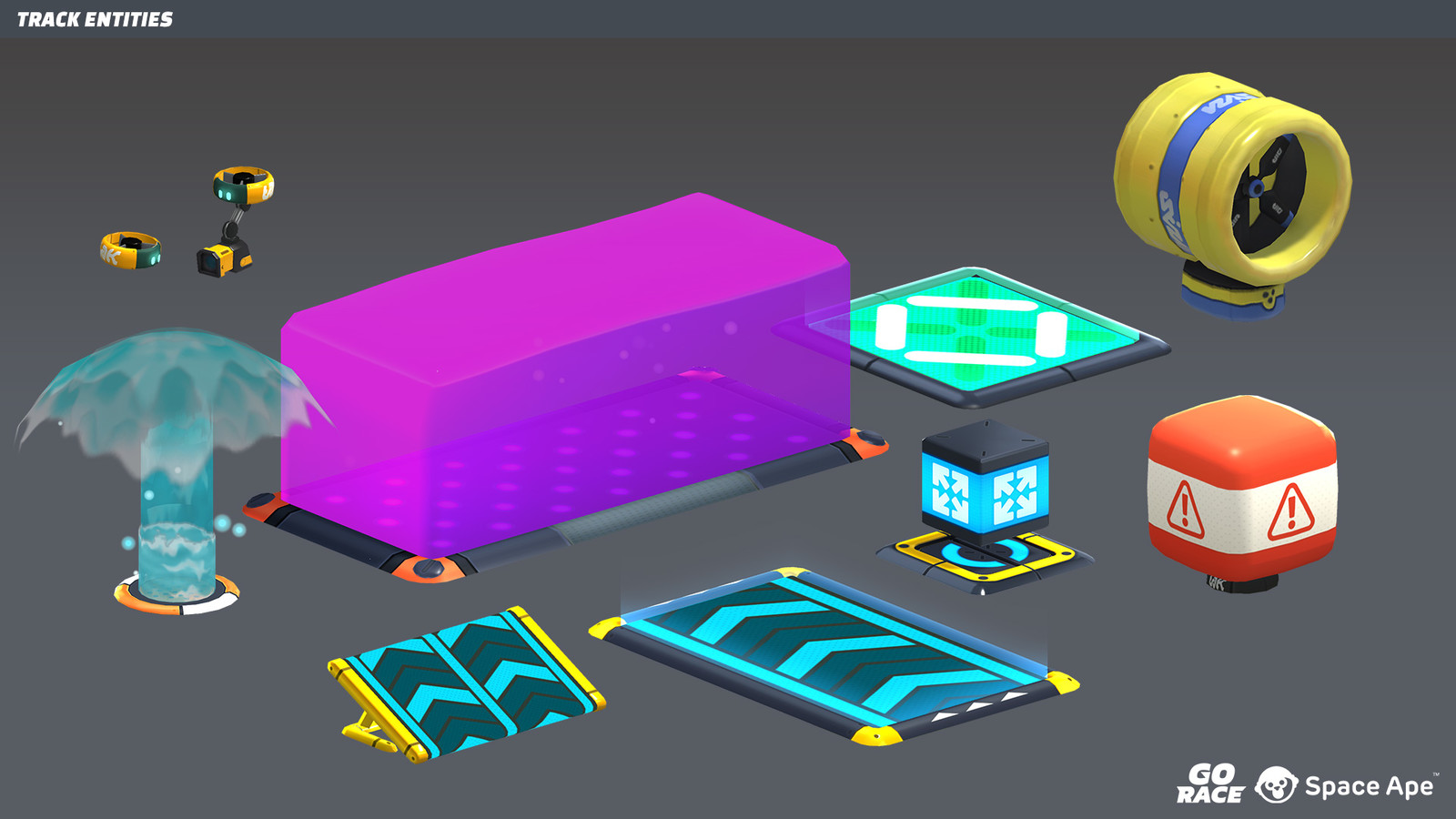 Track entities including boost pads, jumps and obstacles