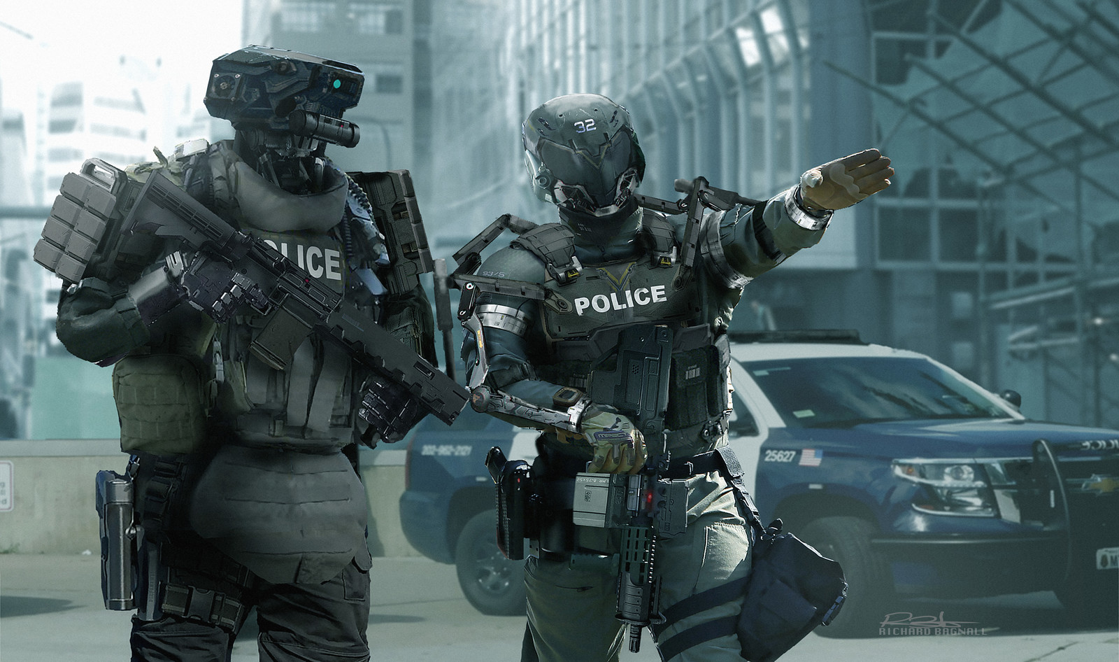 Sci-fi cyberpunk tactical police enforcement concept