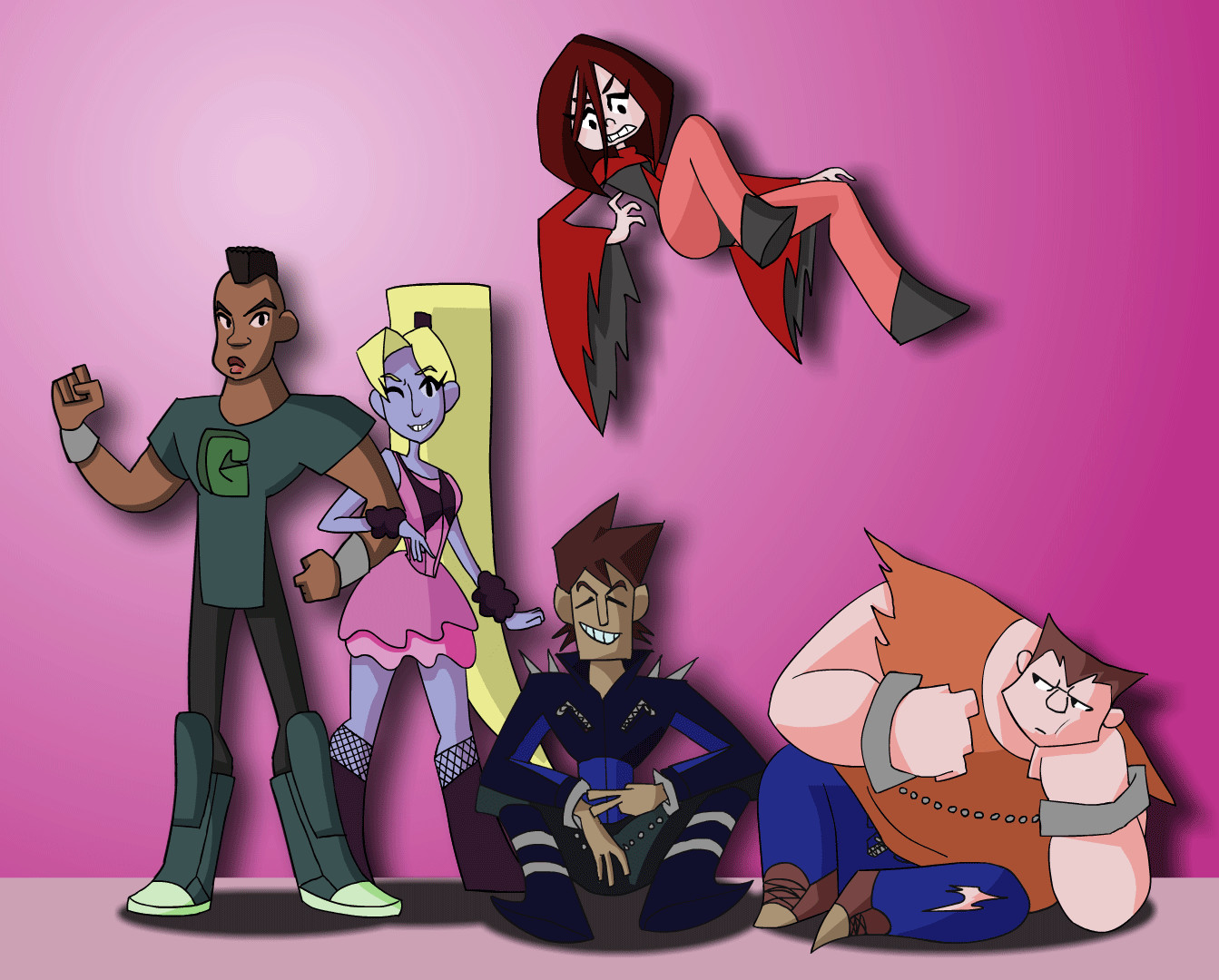 Group shot of 3 junior heroes and their streetwise adversaries. (Top)Levitator, (Left to right) Granite, Henrietta the Hair, Julio, and Hank.