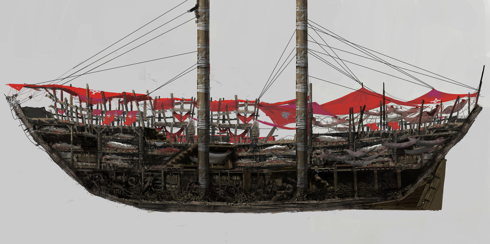 This side view was an overpainting from Jean-Vincent line sketch, of the boat so the team can use the part they want to build the set.