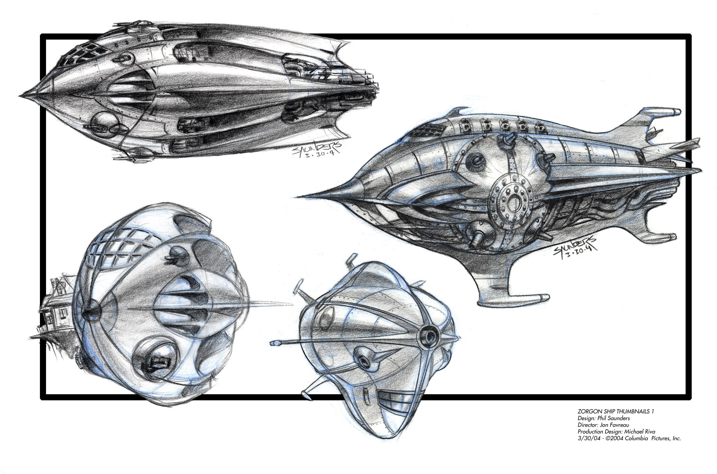 First page of Prismacolor sketches to develop the Zorgon Ship. Channeling a lot of Buck Rogers here!
