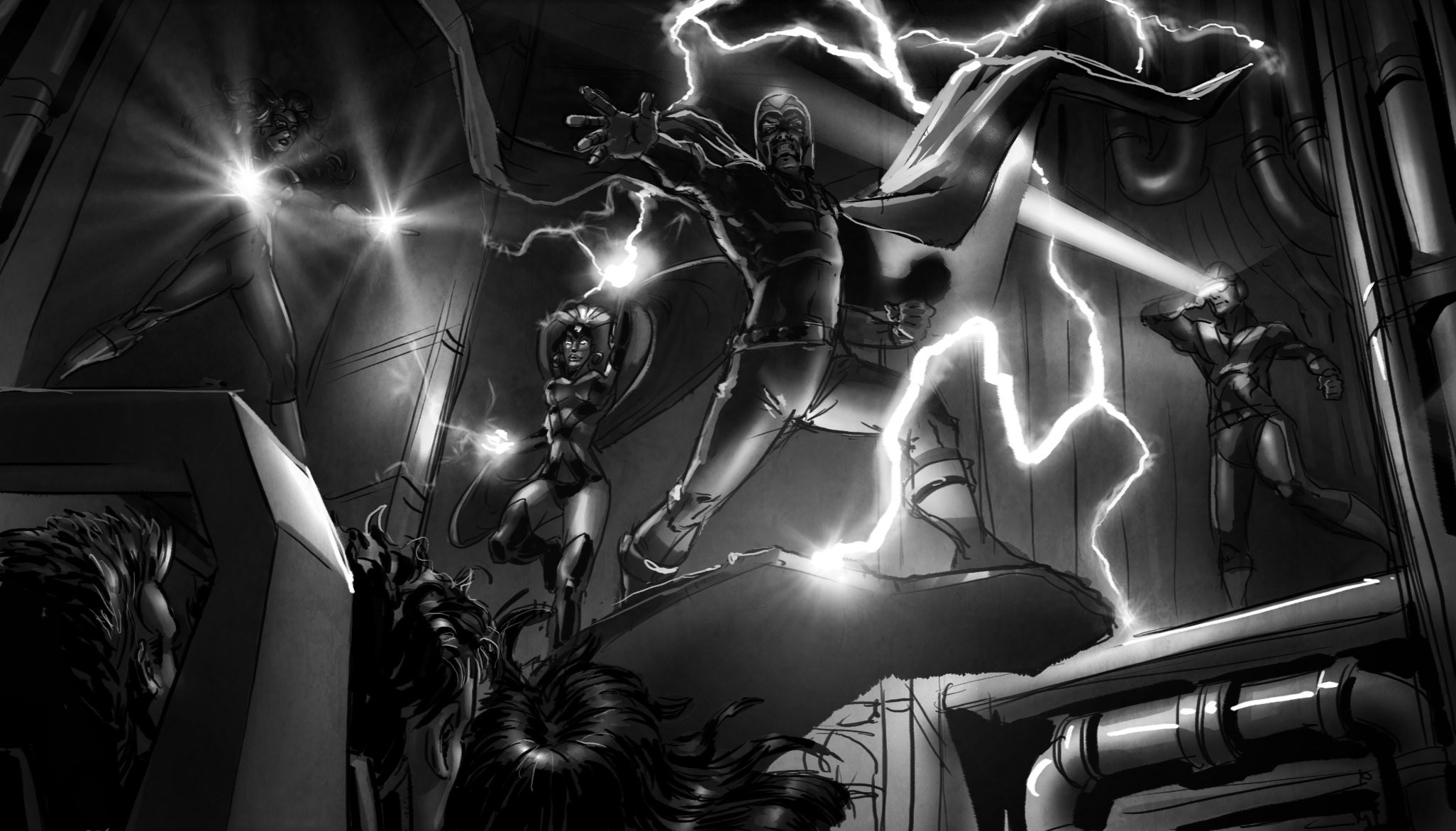 ...Magneto pulls us toward him with his magnetic power! We're almost in his grasp when Storm and Cyclops come to our defense with wind and lightning and focussed eye-beams. Dr. Xavier's telepathic voice urges us to focus our latent powers to assist--