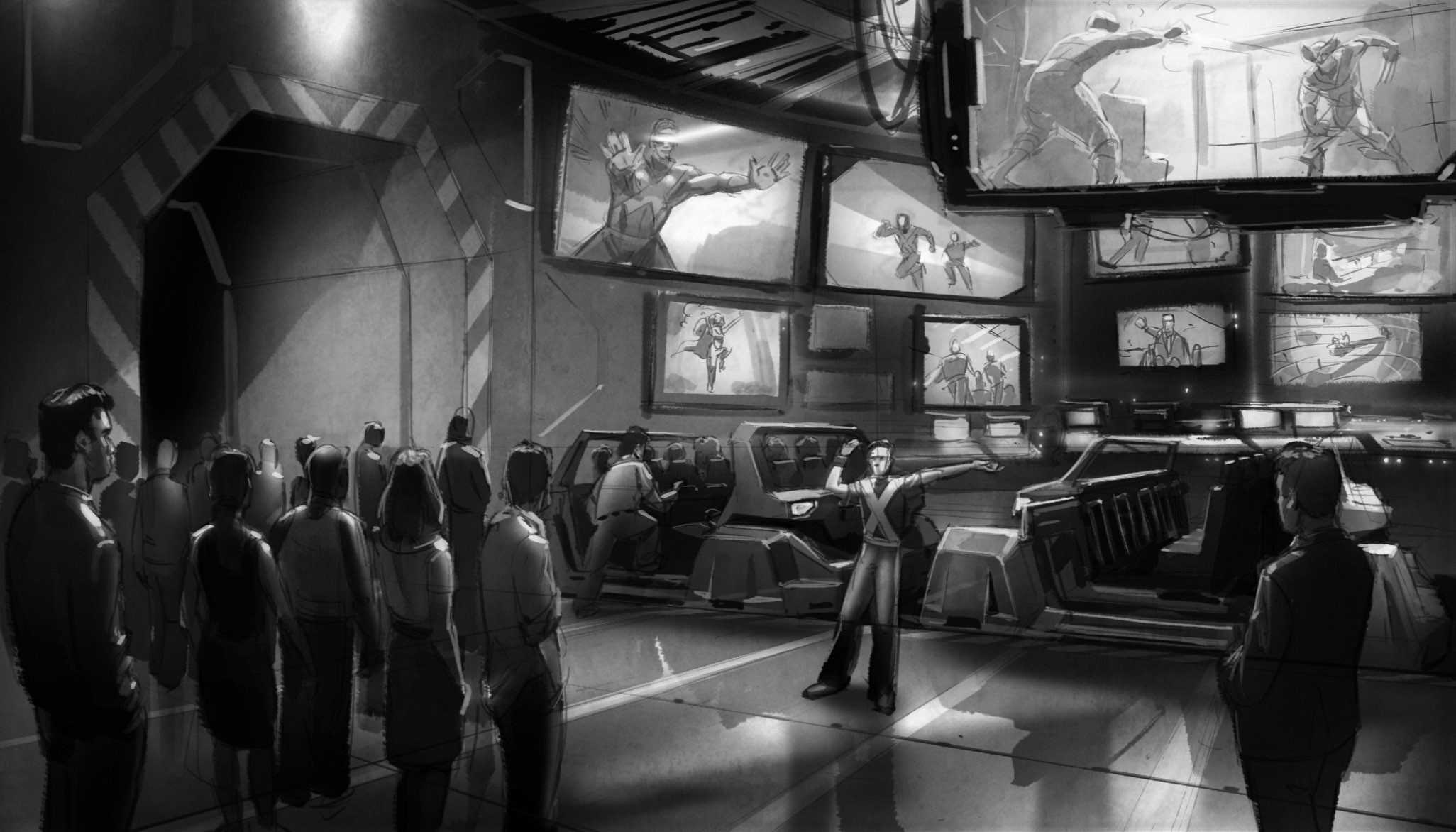 As alarms ring, we are evacuated to a security station where we are loaded onto security vehicles as monitors show the X-Men engaging with Magneto's mutant villains elsewhere in the mansion.