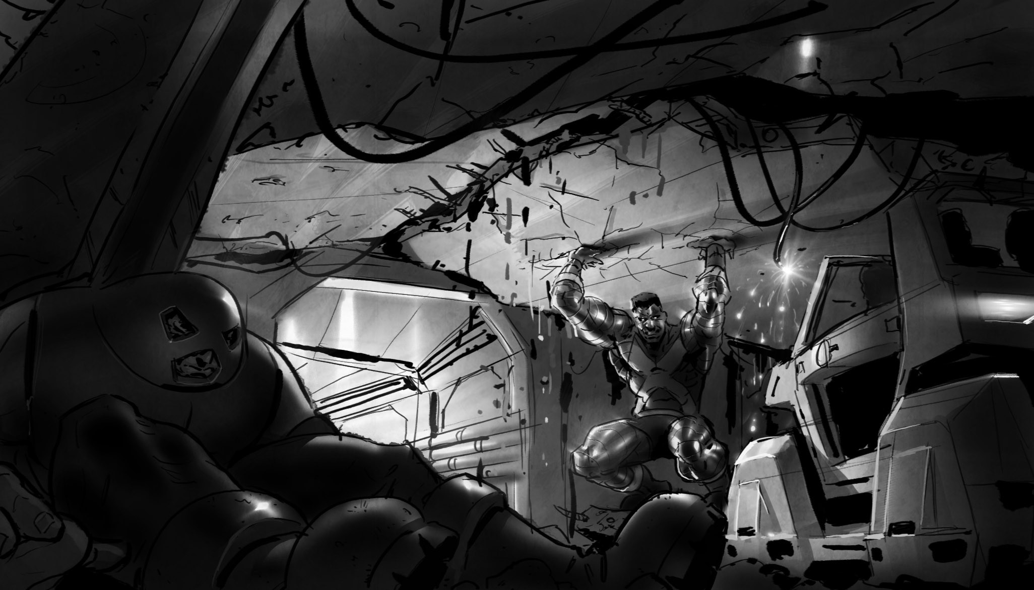 --we see where Jugs has knocked out a pillar. The ceiling is collapsing! Luckily Colossus holds it up long enough for us to squeeze out. 