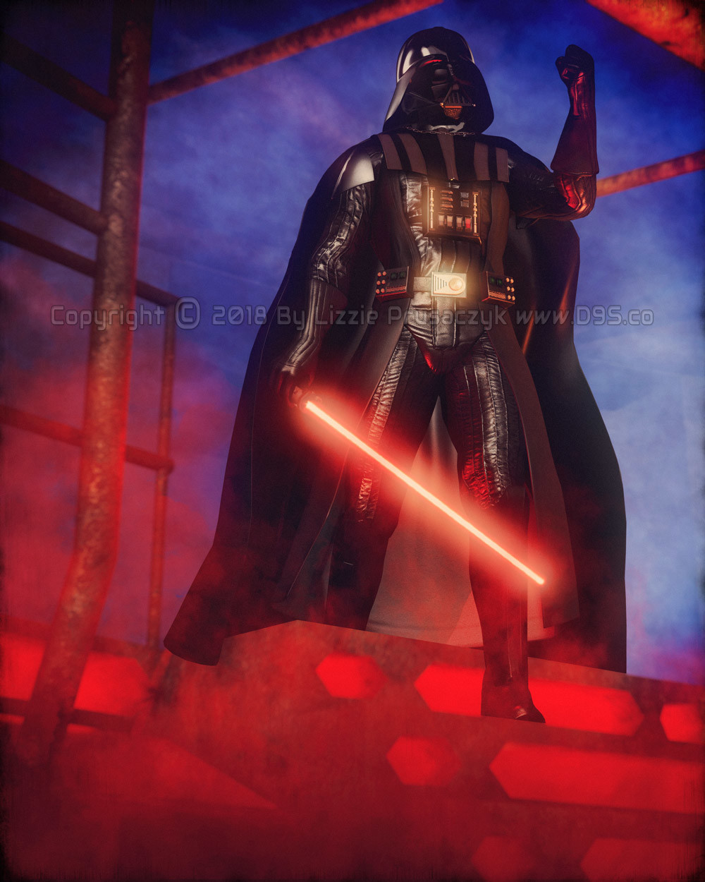 Darth Vader, with his lightsaber drawn, enters the carbonite freezing chamber to confront Luke in the Cloud City on Bespin.