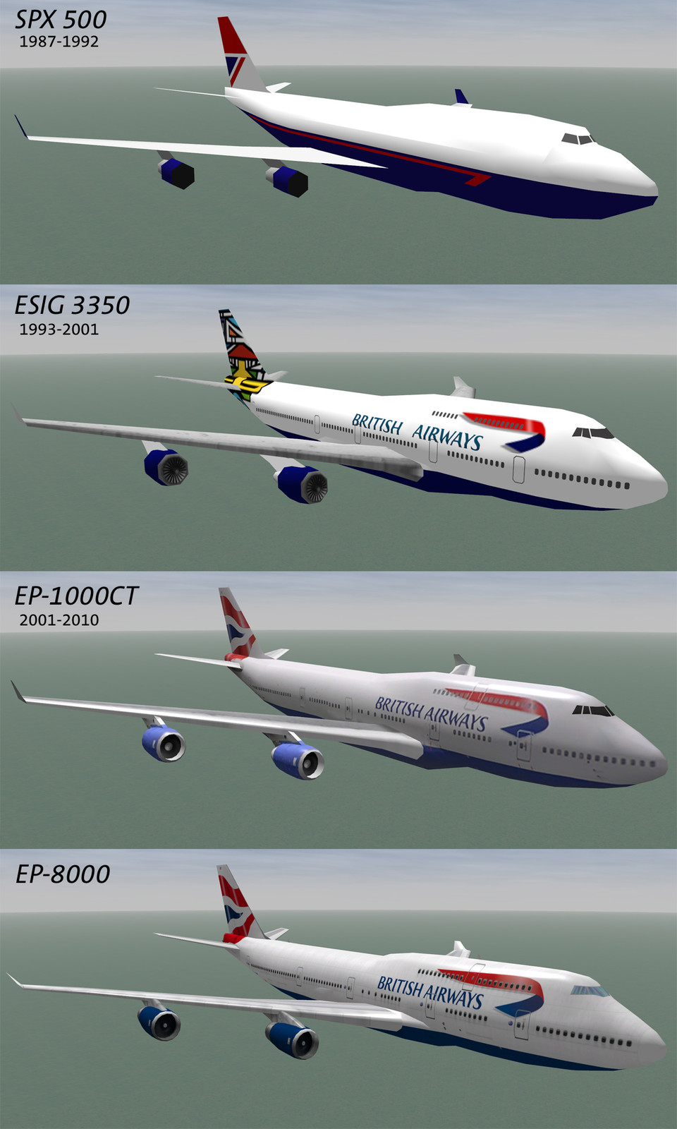 The evolution of one realtime model from 1987 to 2011. The geo and textures were rebuilt each time for each new version of the simulation hardware and software.