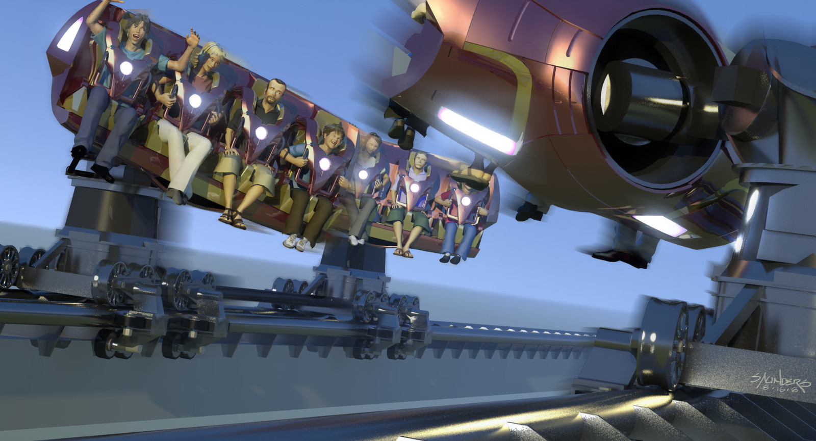 A Modo render of the Kuka-arm equipped coaster design. The arm would spin you about as you passed an opposing coaster, giving you a near-miss experience.